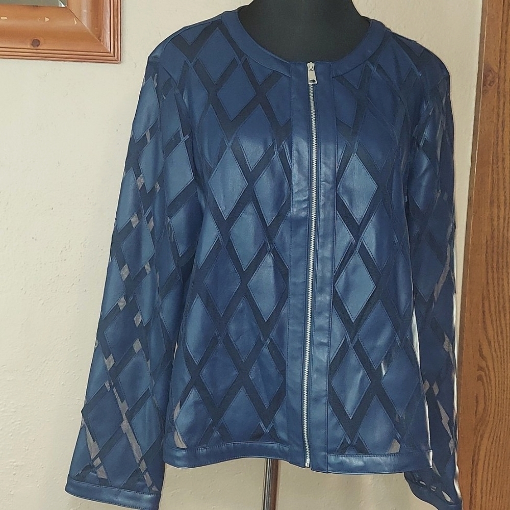 Women's Colleen Lopez Vegan Leather Checkered Sheer Zip Jacket